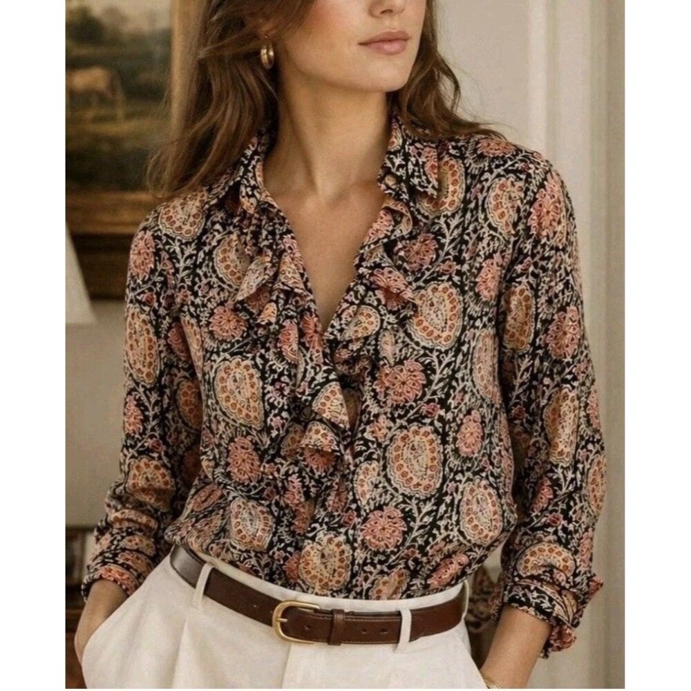 Lauren Ralph Lauren Paisley Ruffle front cotton Button-Up Blouse shirt size  1X